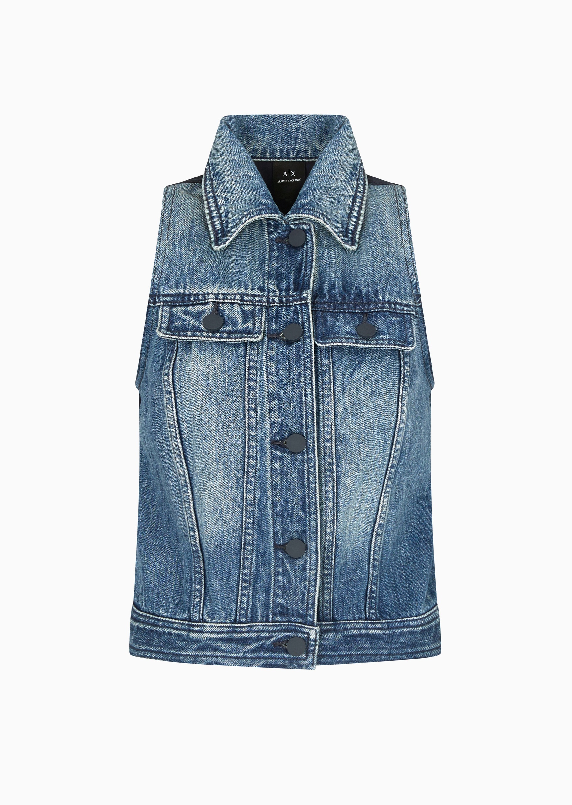 ARMANI EXCHANGE 女士无袖翻领拼接复古水洗牛仔马甲