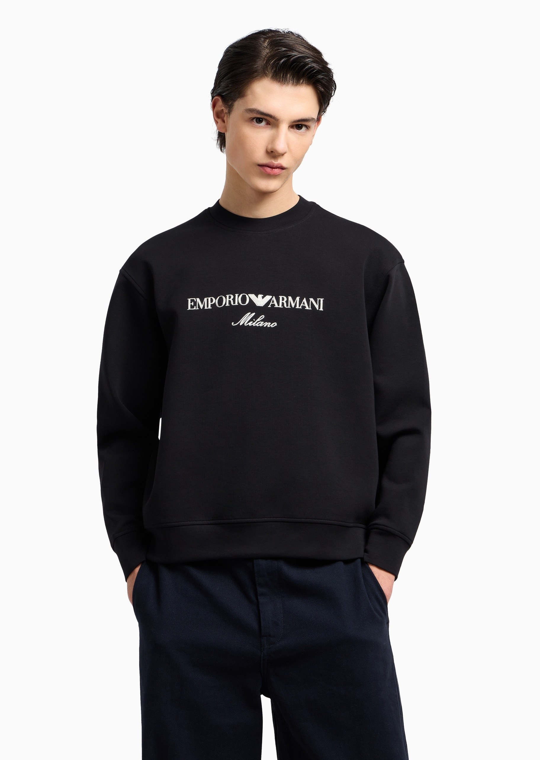 Emporio Armani 男士棉质弹力合身长袖圆领标识刺绣卫衣