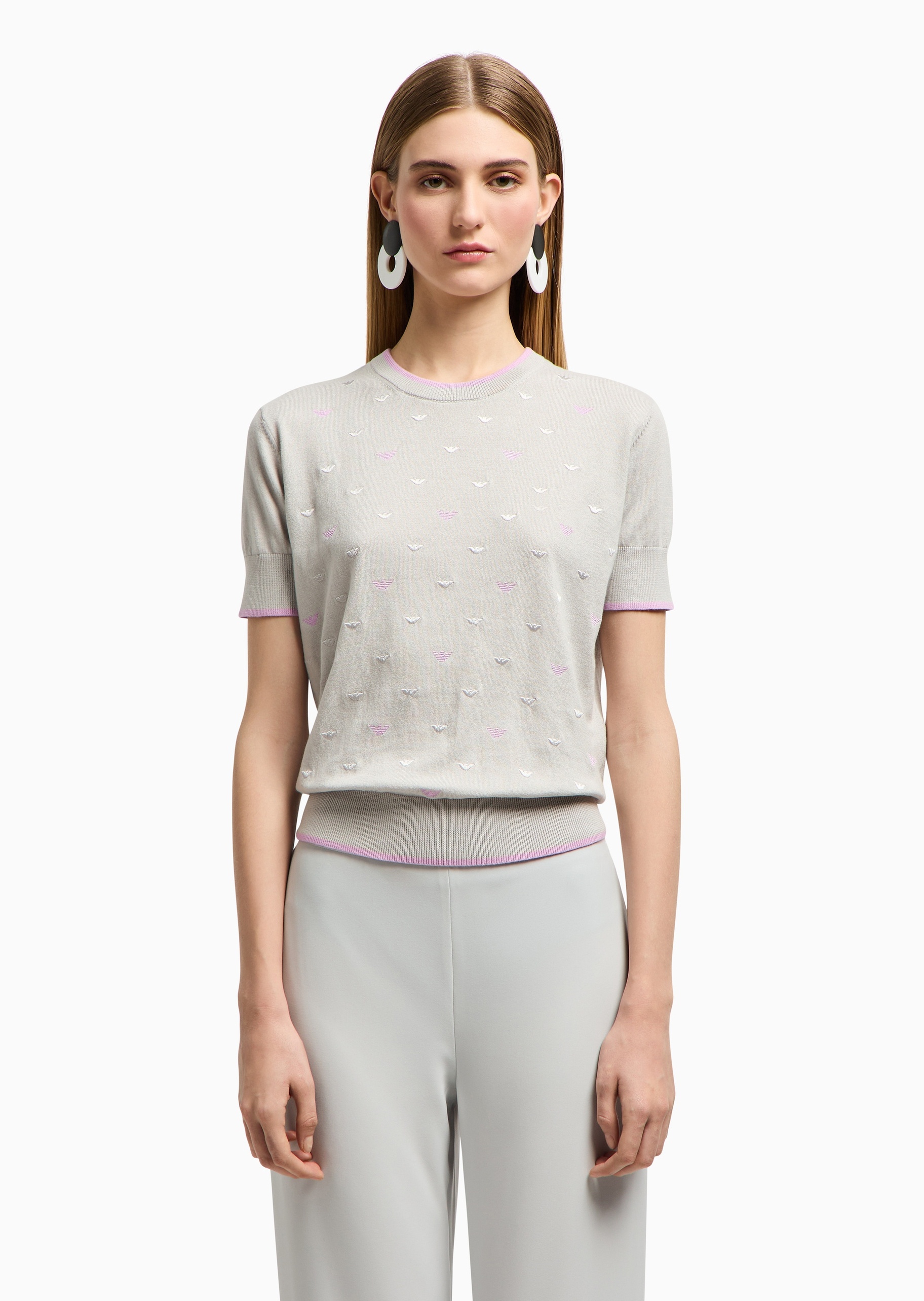 Emporio Armani 女士纯棉合身短袖圆领通体鹰标刺绣针织衫