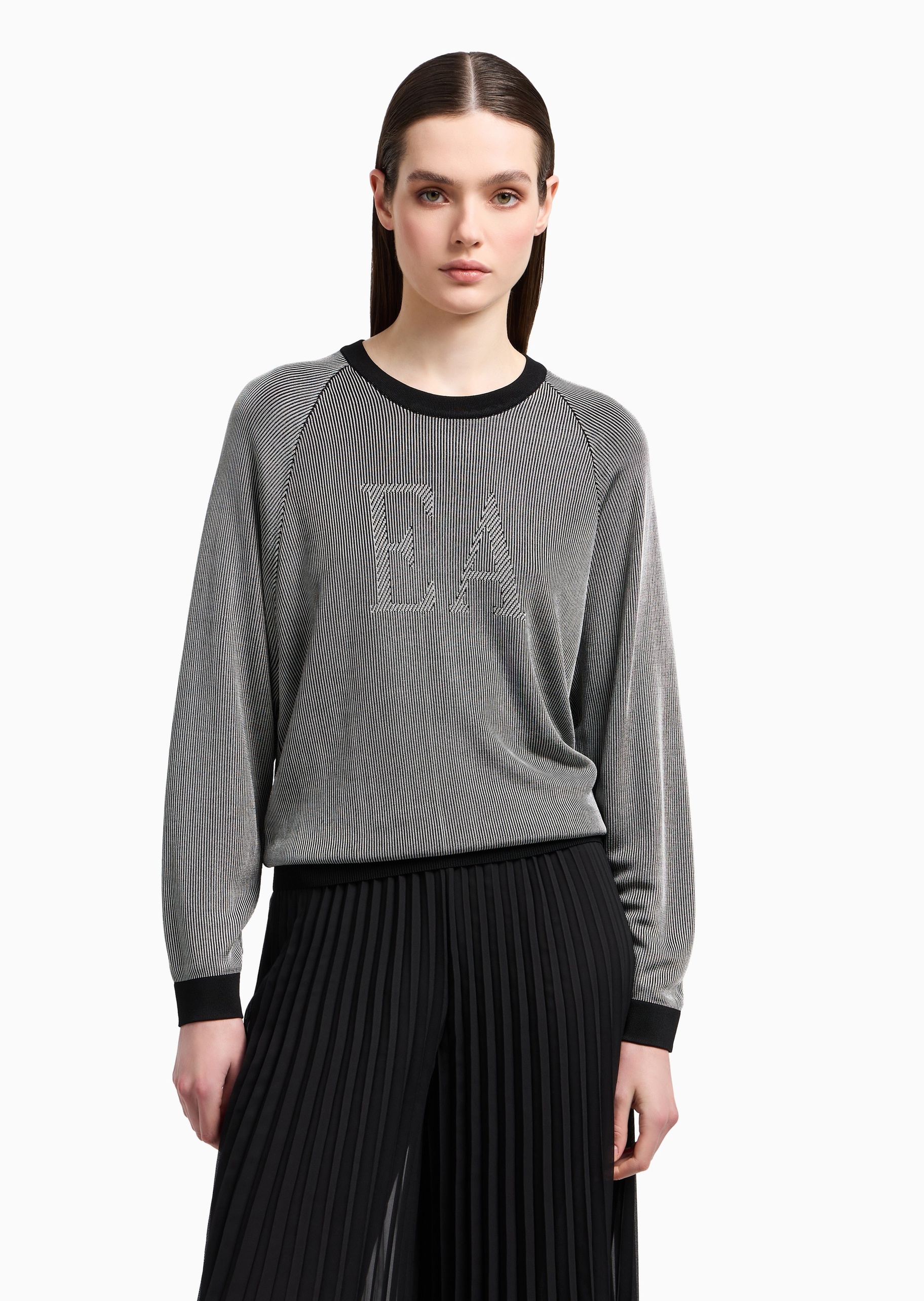 Emporio Armani 女士合身长袖圆领插肩竖向罗纹提花针织衫