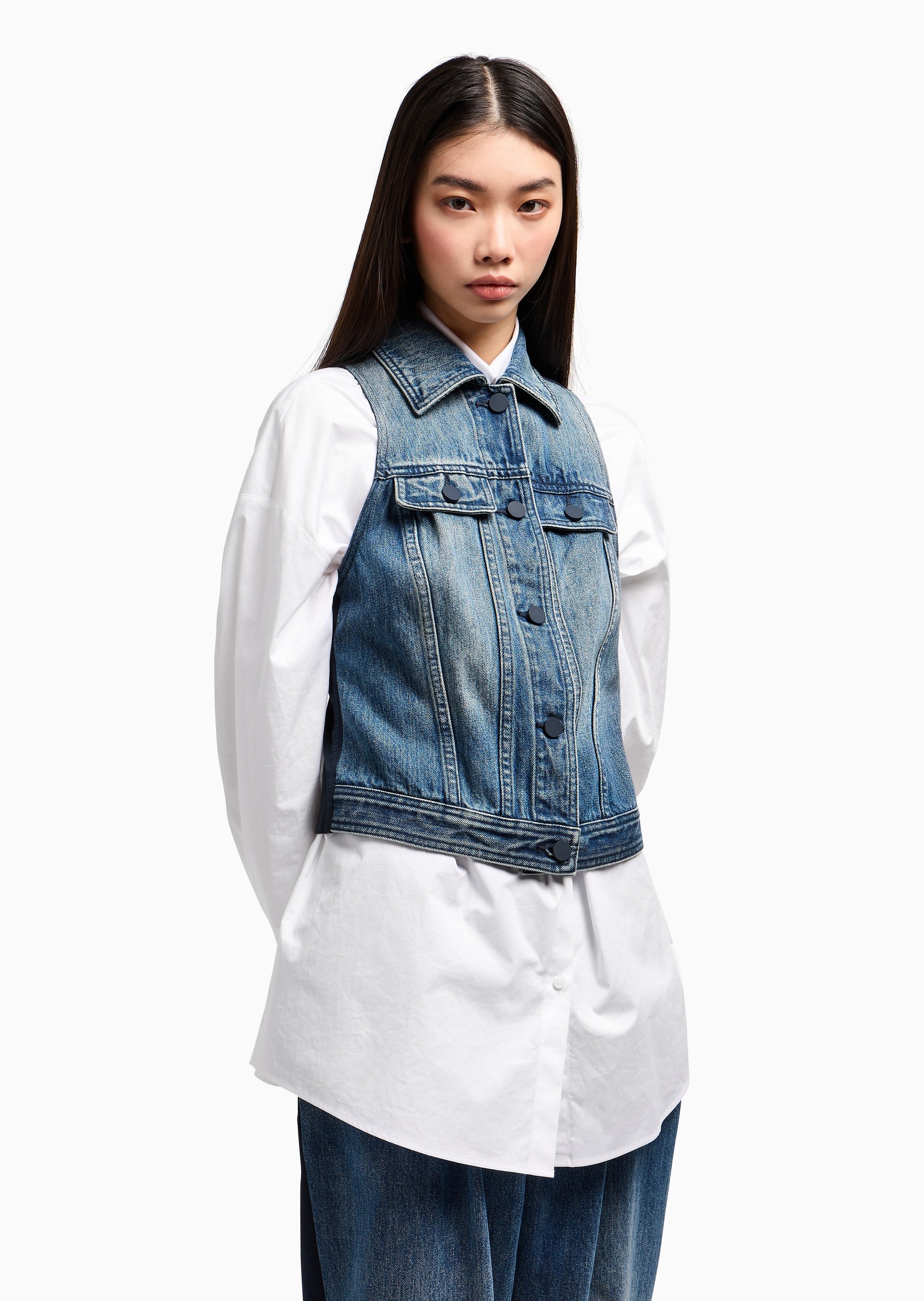 ARMANI EXCHANGE 女士无袖翻领拼接复古水洗牛仔马甲