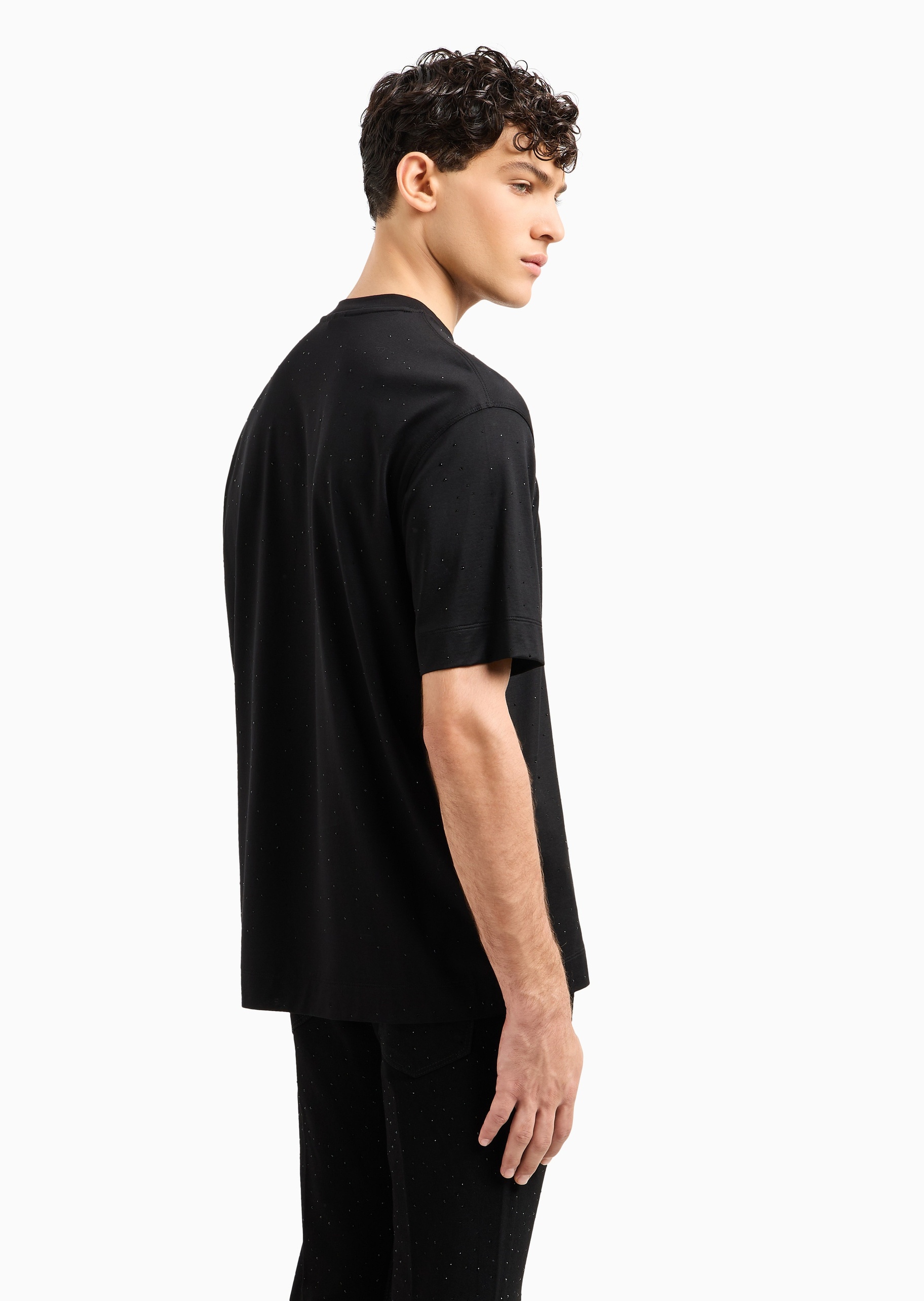 Emporio Armani 男士莱赛尔合身短袖圆领通体水钻T恤