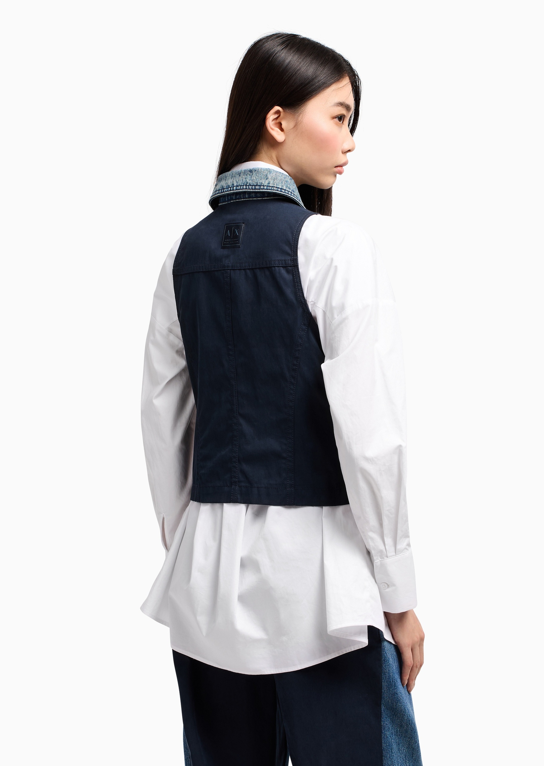 ARMANI EXCHANGE 女士无袖翻领拼接复古水洗牛仔马甲