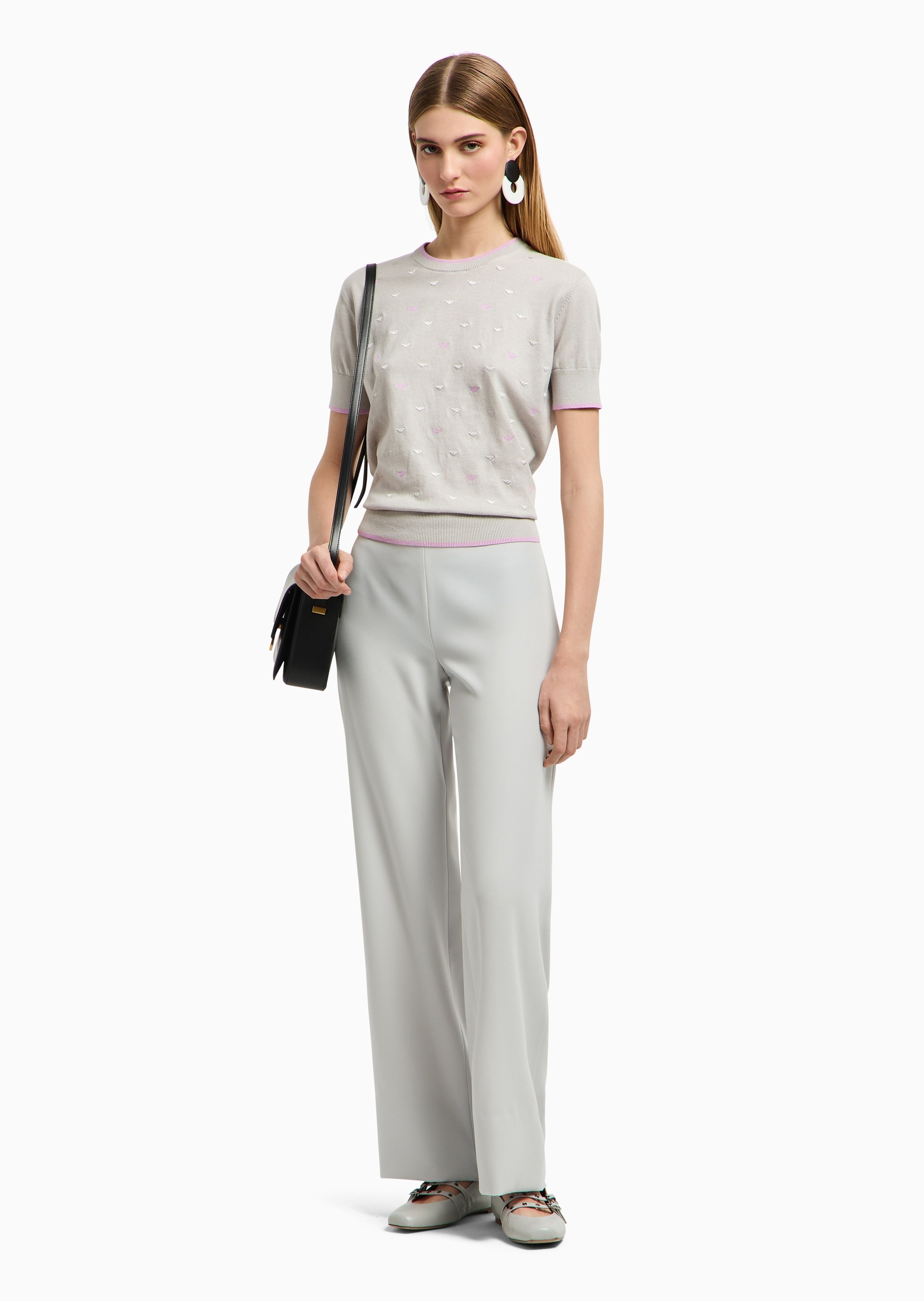 Emporio Armani 女士纯棉合身短袖圆领通体鹰标刺绣针织衫