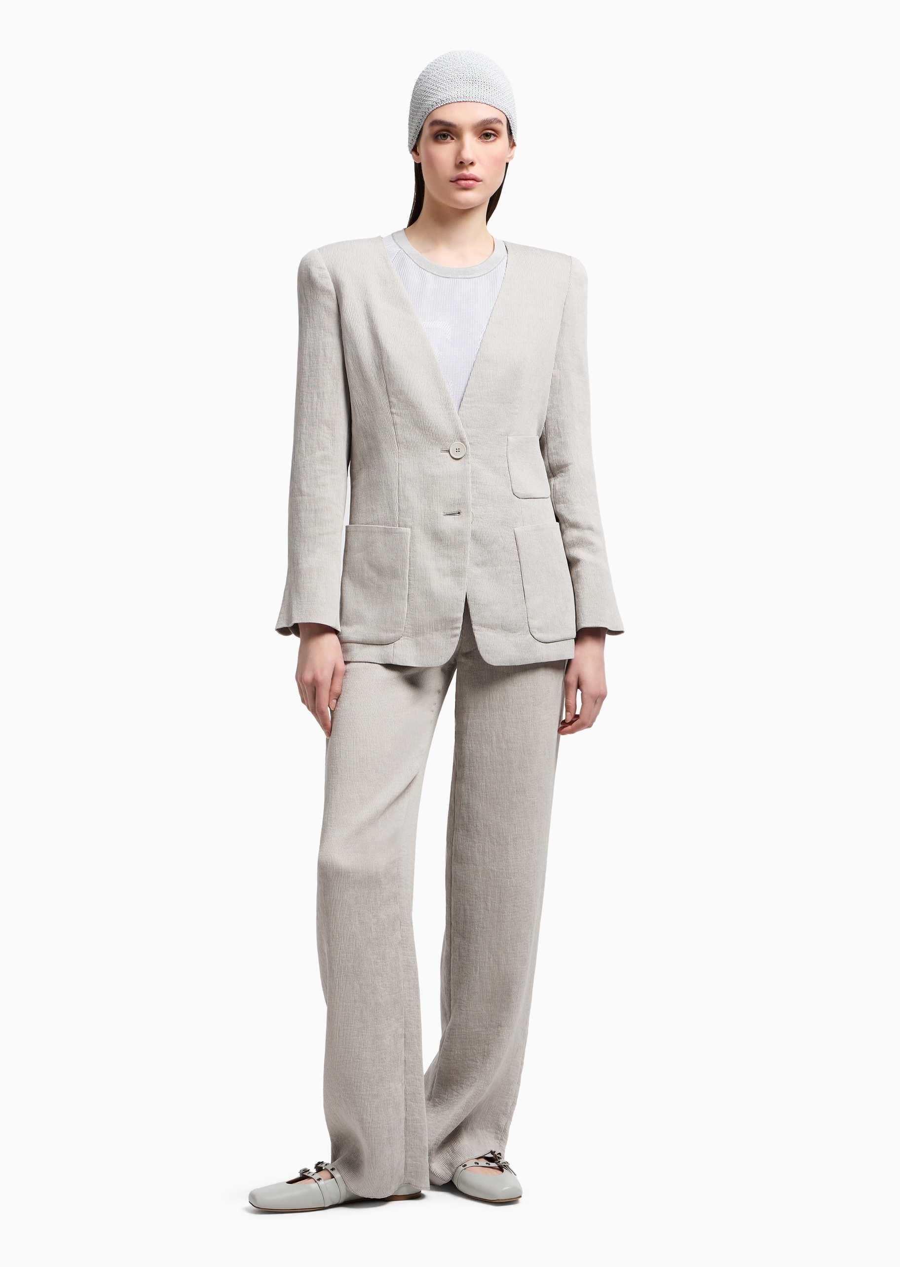 Emporio Armani 女士合身长袖圆领插肩竖向罗纹提花针织衫