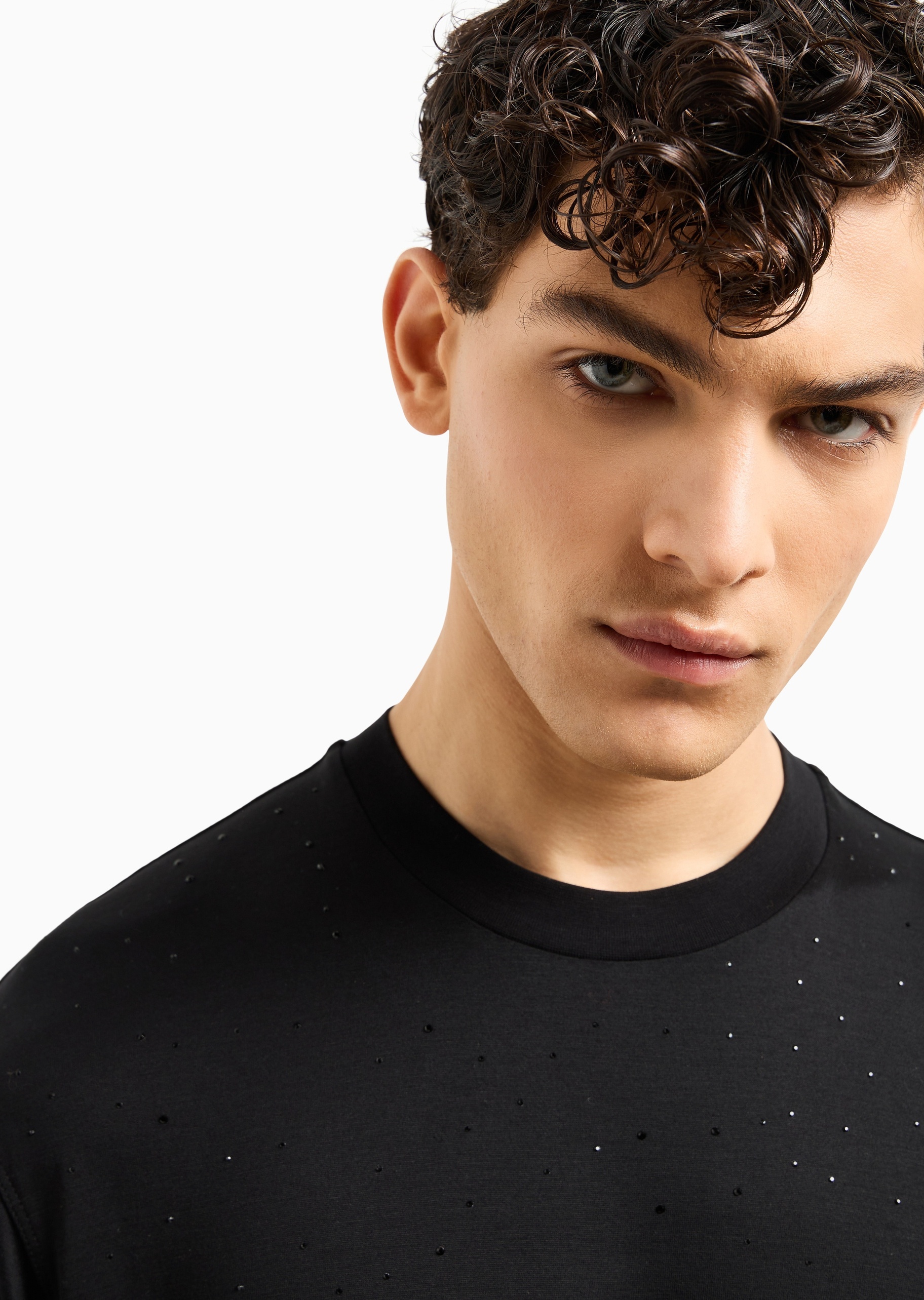 Emporio Armani 男士莱赛尔合身短袖圆领通体水钻T恤