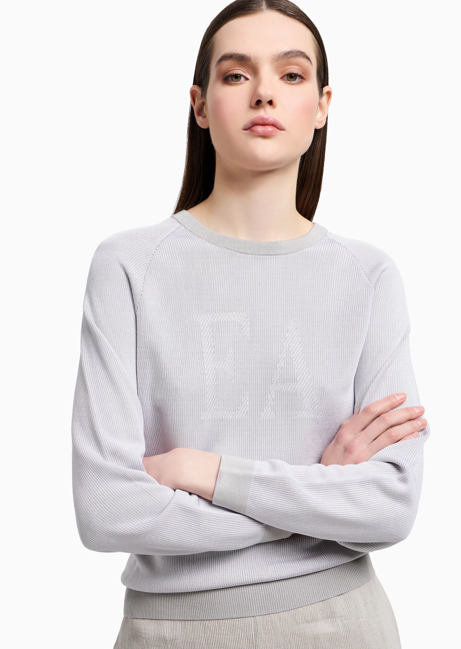 Emporio Armani 女士合身长袖圆领插肩竖向罗纹提花针织衫
