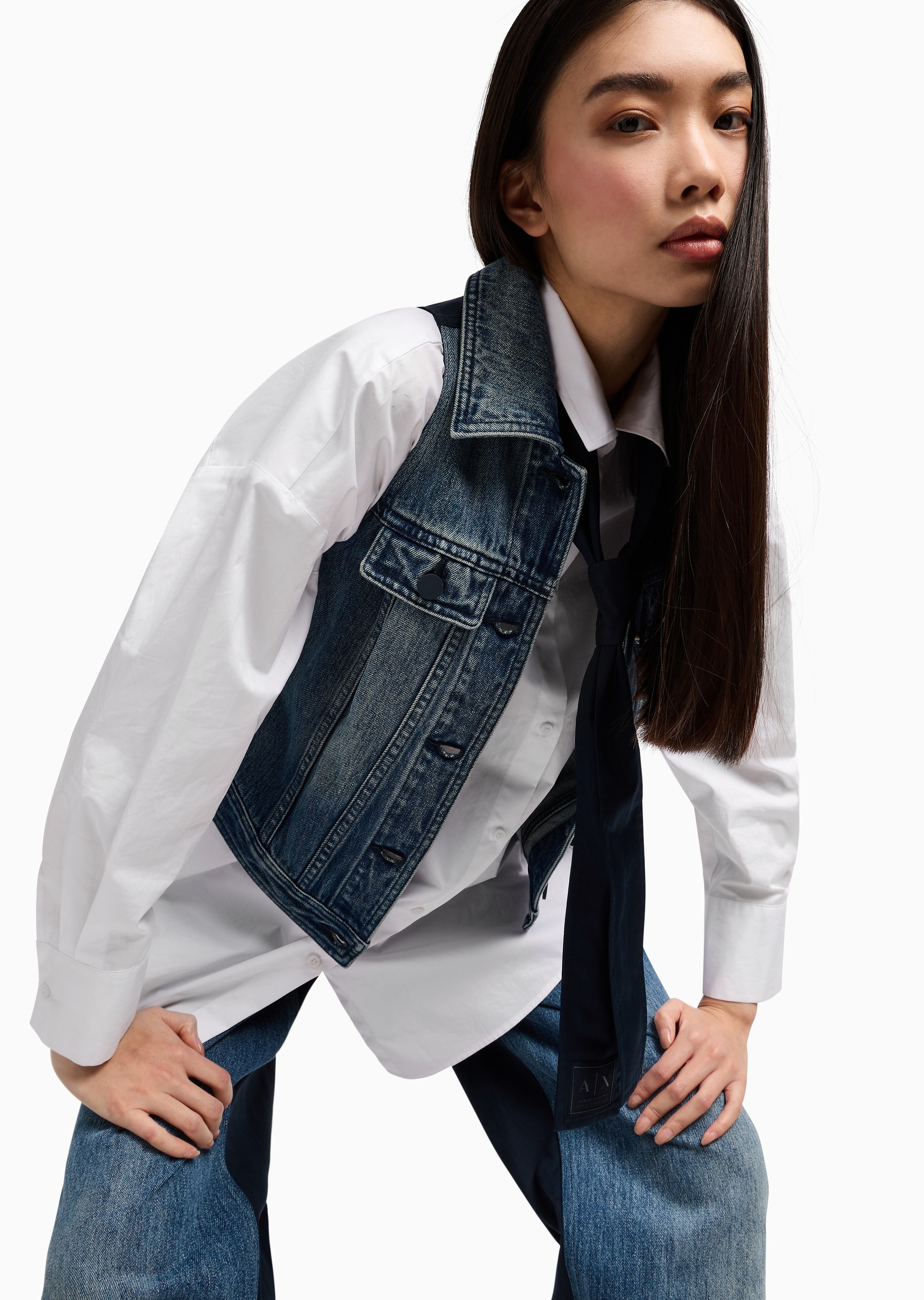 ARMANI EXCHANGE 女士无袖翻领拼接复古水洗牛仔马甲