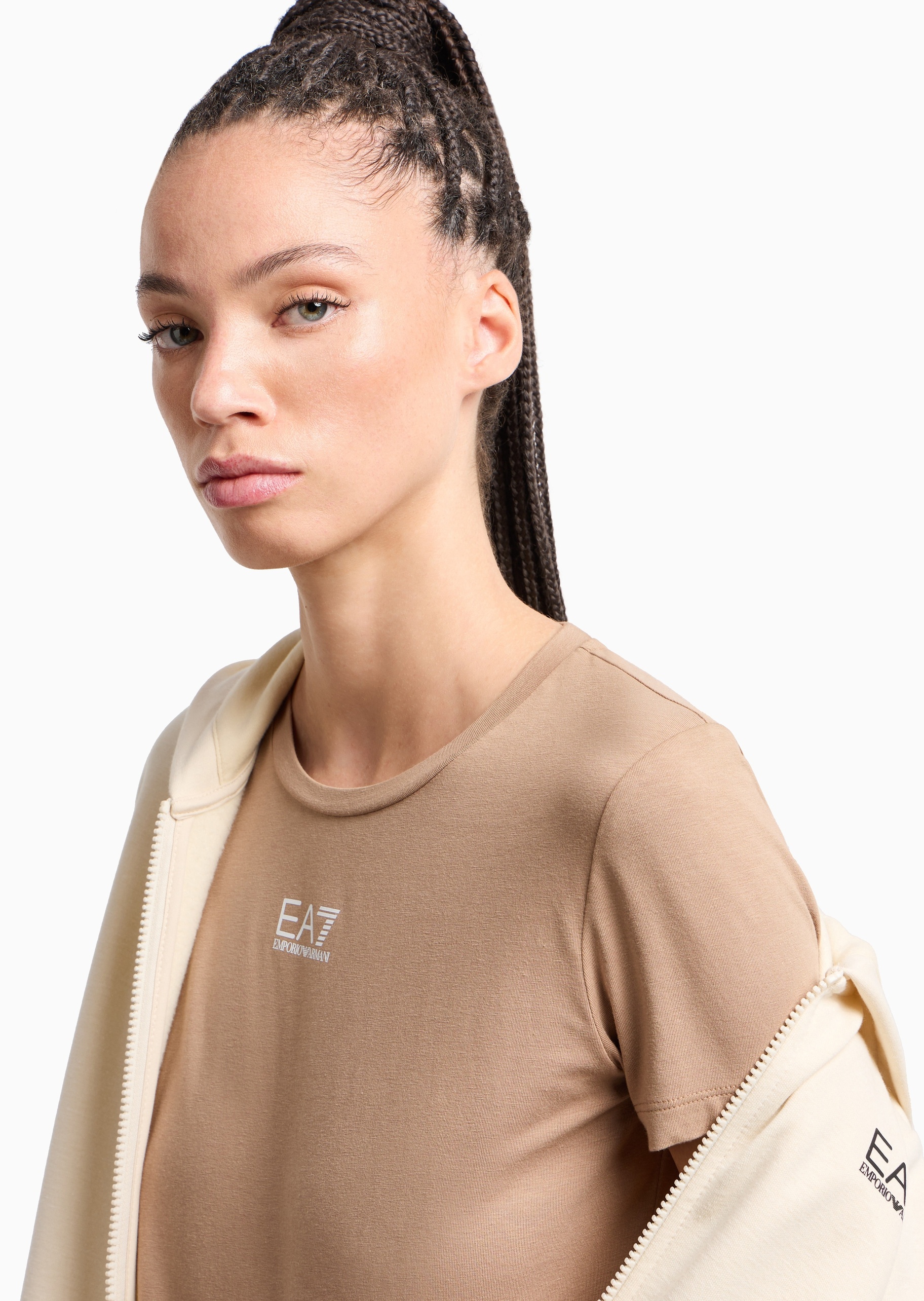 EA7 女士棉质合身短袖圆领正肩健身训练T恤