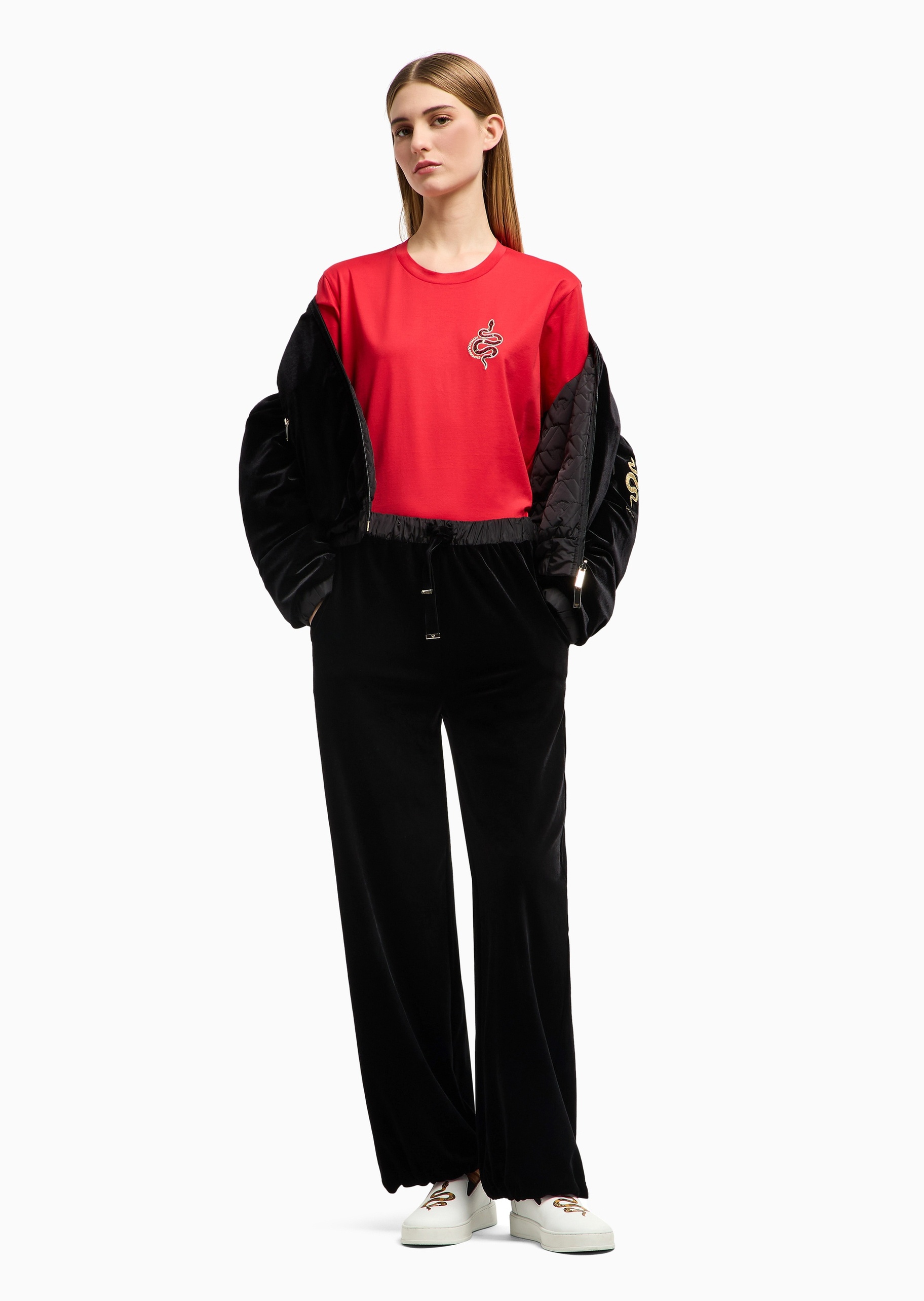 Emporio Armani 蛇年限定女士全棉合身短袖圆领刺绣红色T恤