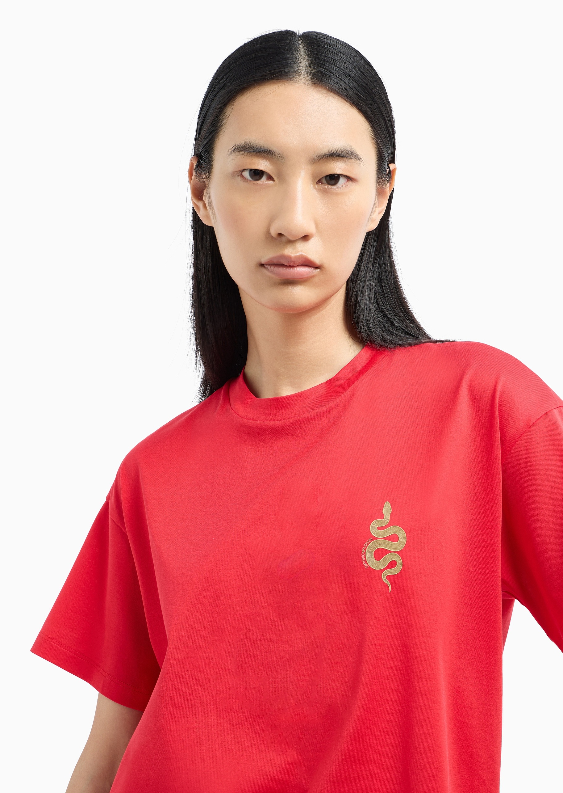 Emporio Armani 蛇年限定女士全棉宽松短袖圆领刺绣T恤