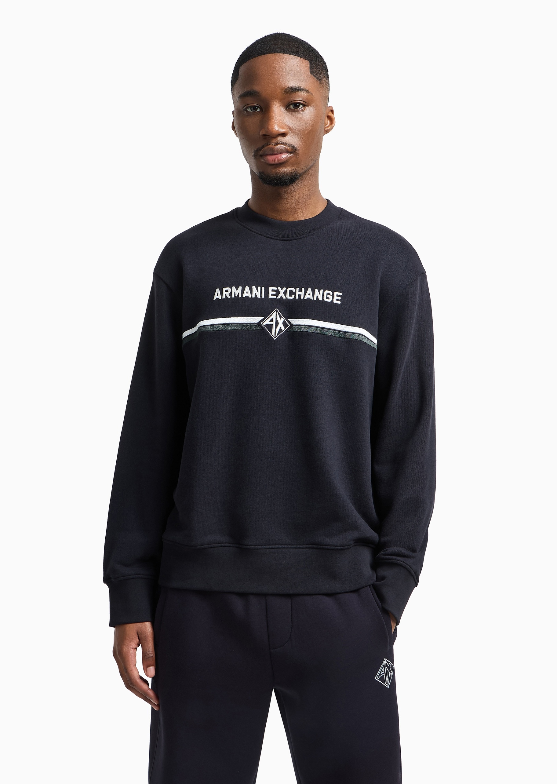 ARMANI EXCHANGE 男士全棉合身长袖圆领徽标刺绣卫衣