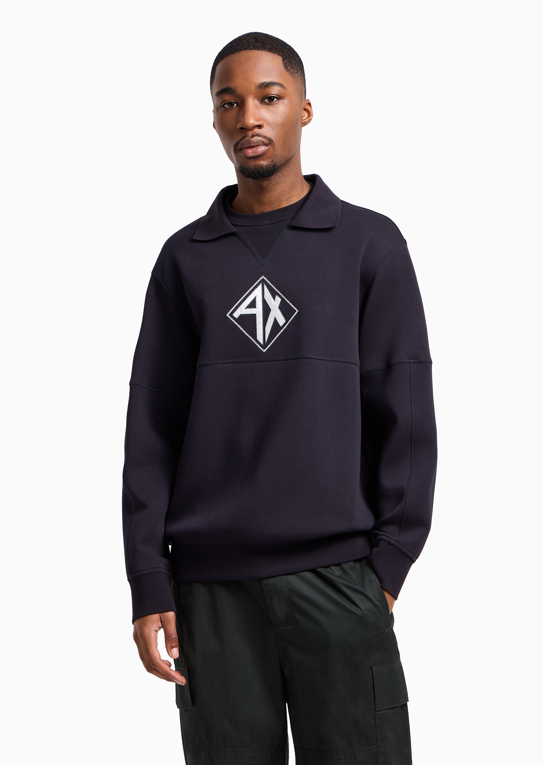 ARMANI EXCHANGE 男士棉质微弹宽松长袖衬衫领假两件卫衣