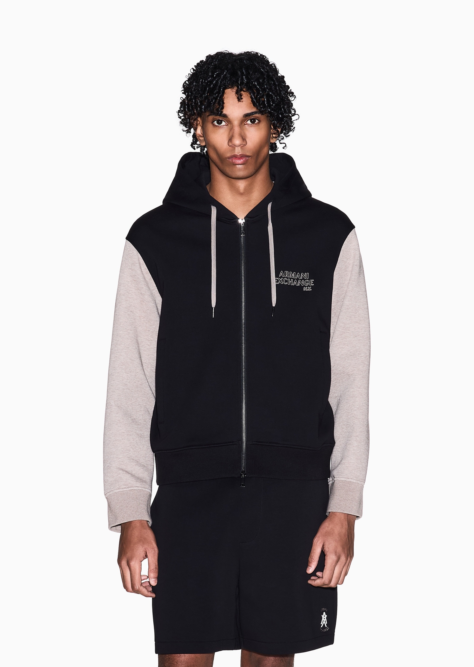 ARMANI EXCHANGE 男士长袖连帽拉链撞色拼接卫衣外套