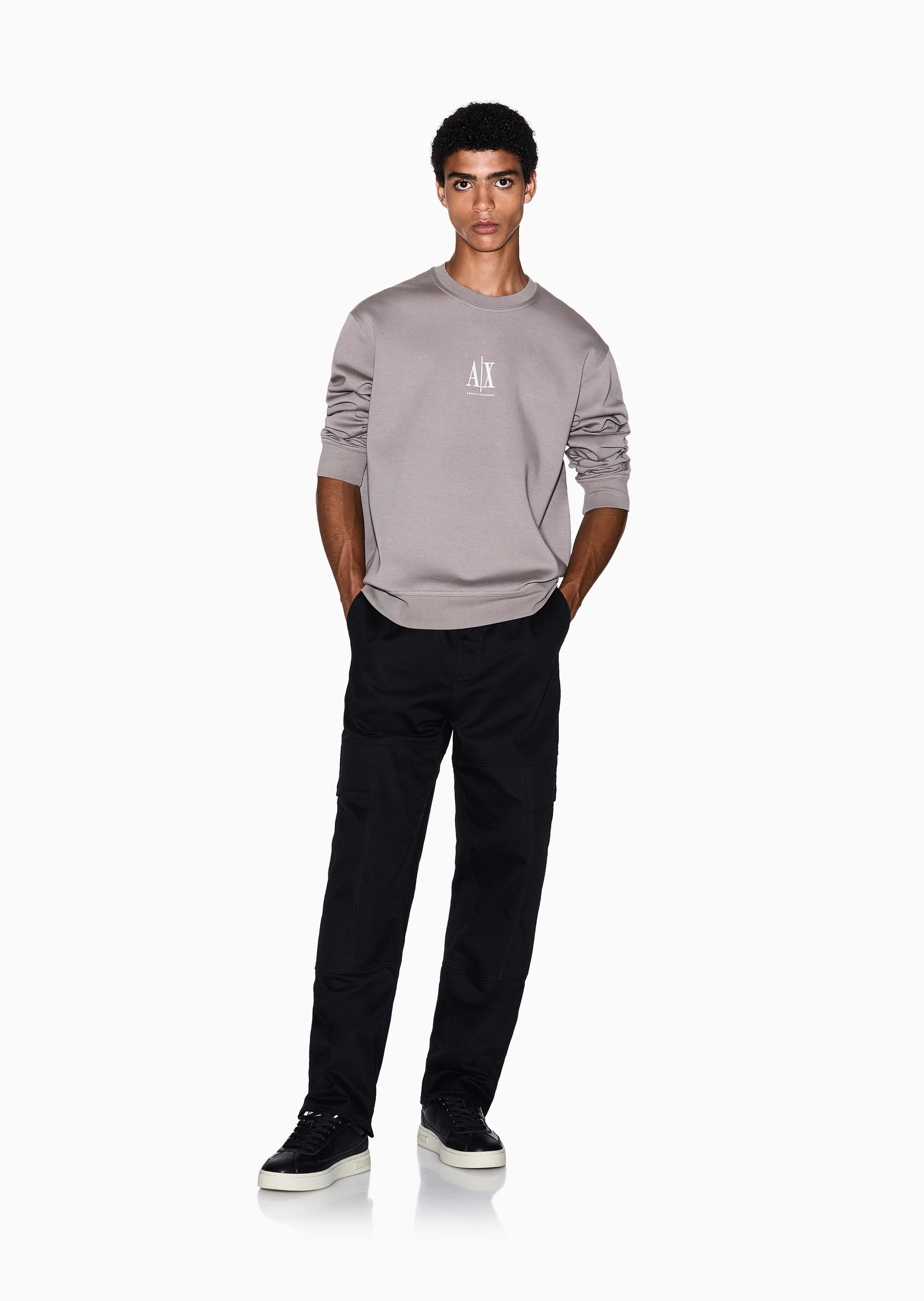 ARMANI EXCHANGE 男士微弹宽松短款圆领运动刺绣卫衣