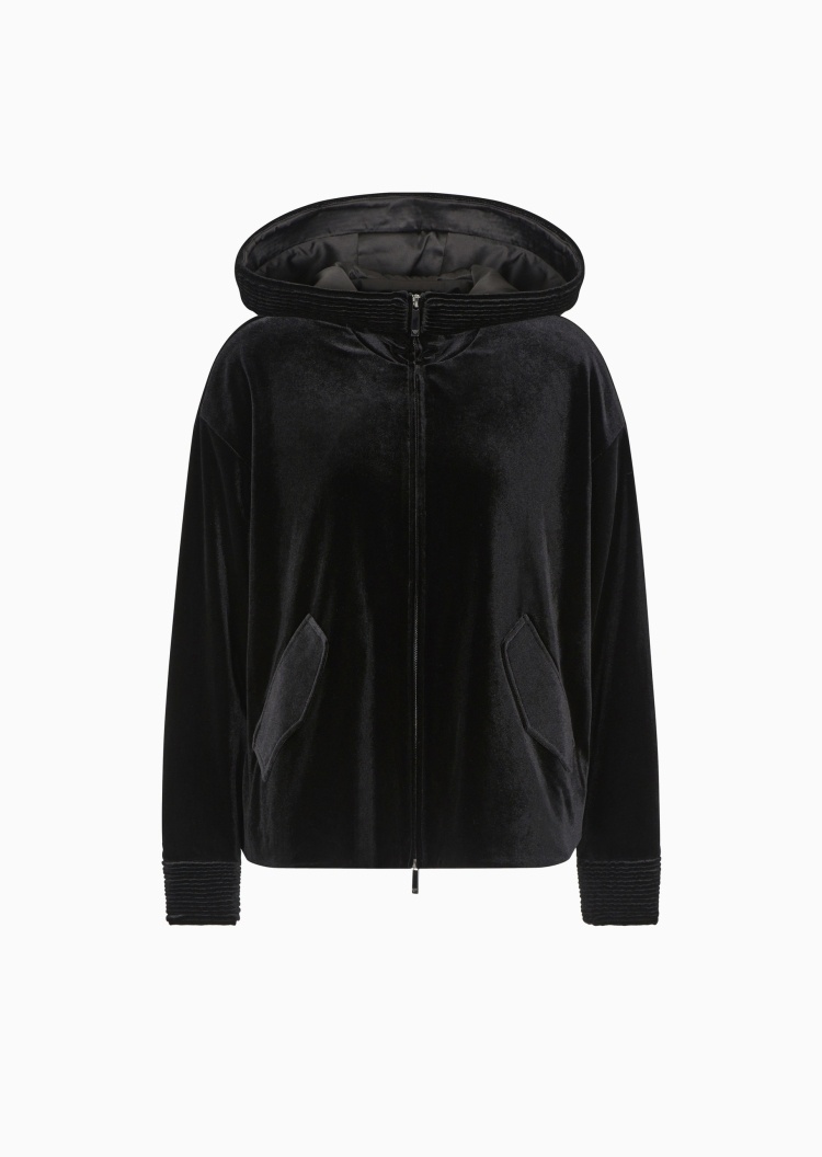 Emporio Armani 女士短款轻薄长袖连帽绒感拉链休闲棉服