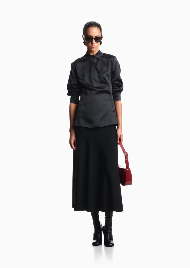 Emporio Armani 女士长袖翻领侧门襟简约纯色衬衫