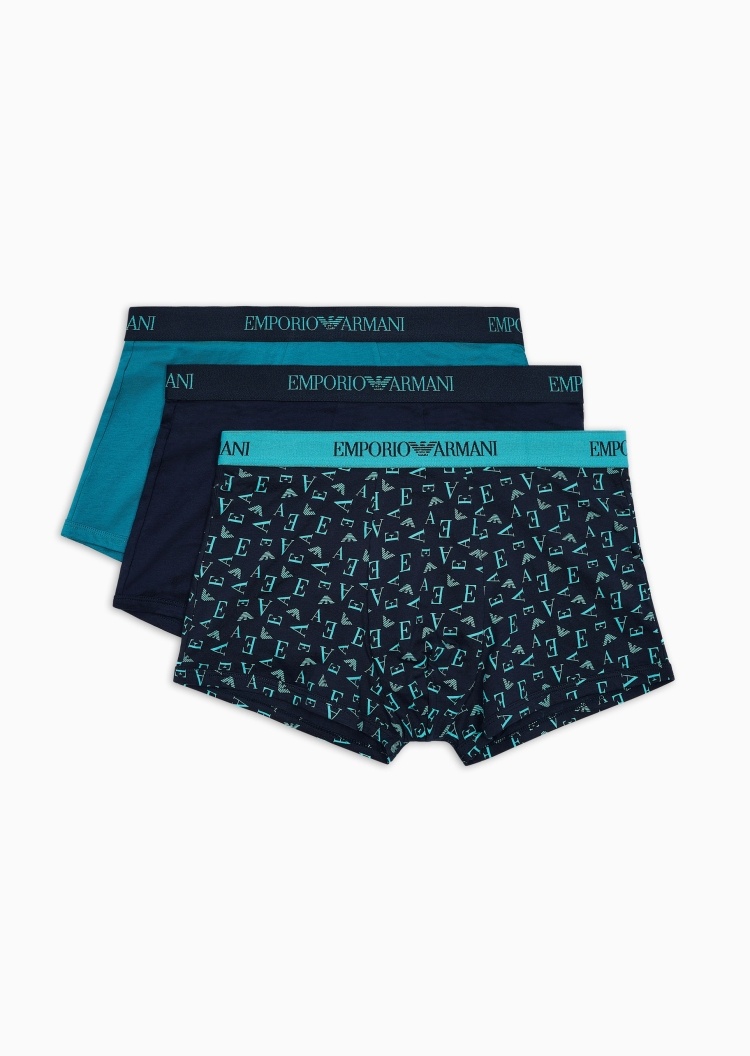 Emporio Armani 男士全棉平角三条装LOGO提花内裤套装