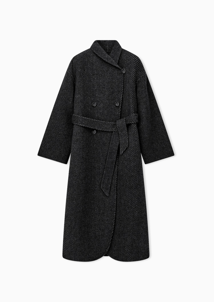 Emporio Armani 女士长款翻领肌理感静奢风复古老钱风大衣