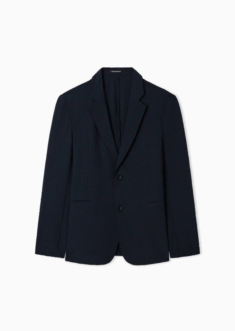 Emporio Armani 男士长袖平驳领华夫格商务休闲西装外套