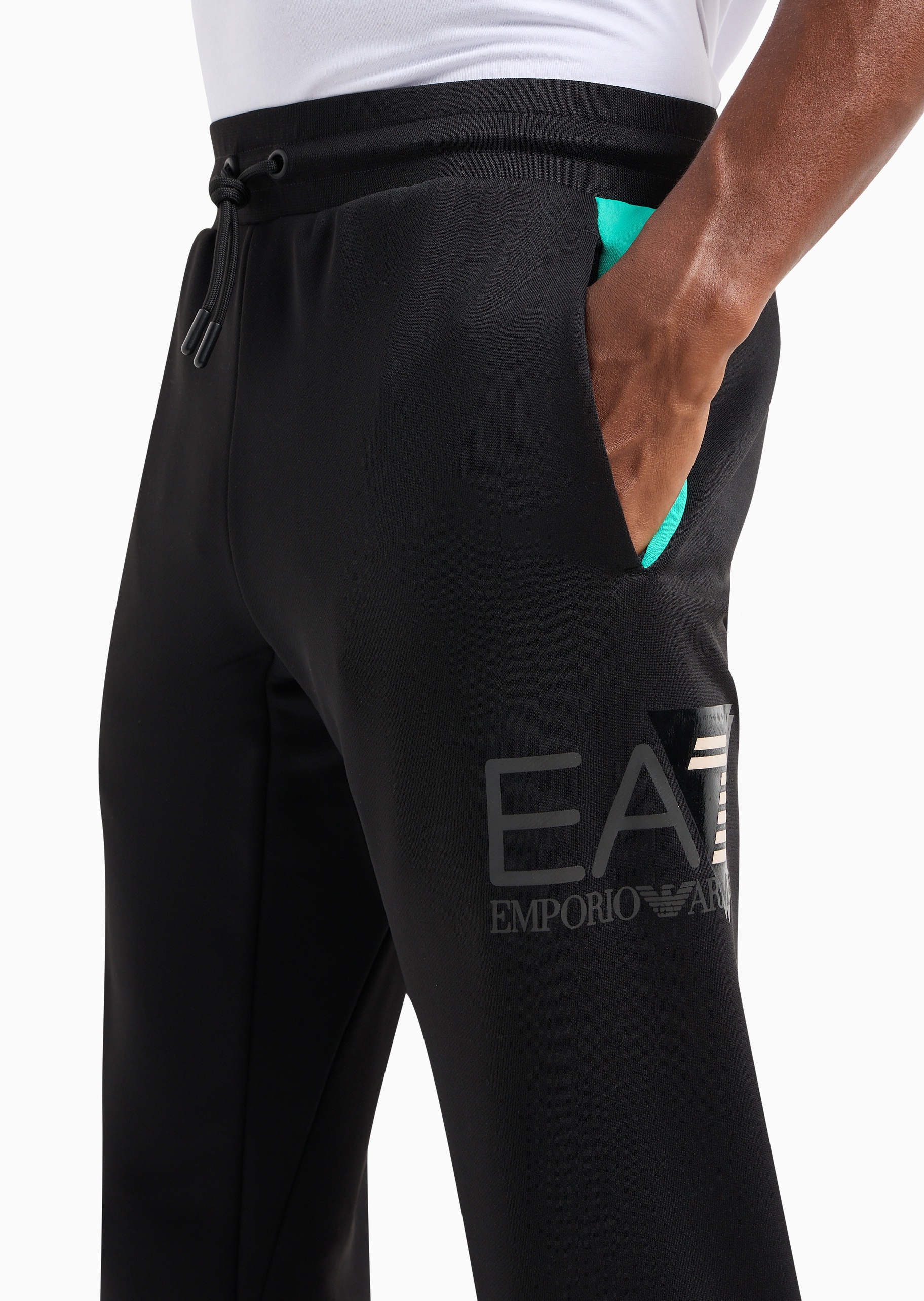 EA7 男士合身系带腰长款直筒窄脚健身训练卫裤