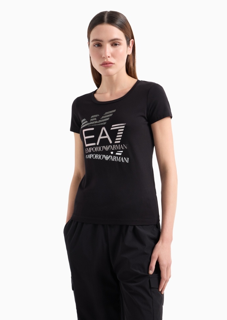 EA7 女士纯棉弹力修身短袖圆领LOGO印花T恤