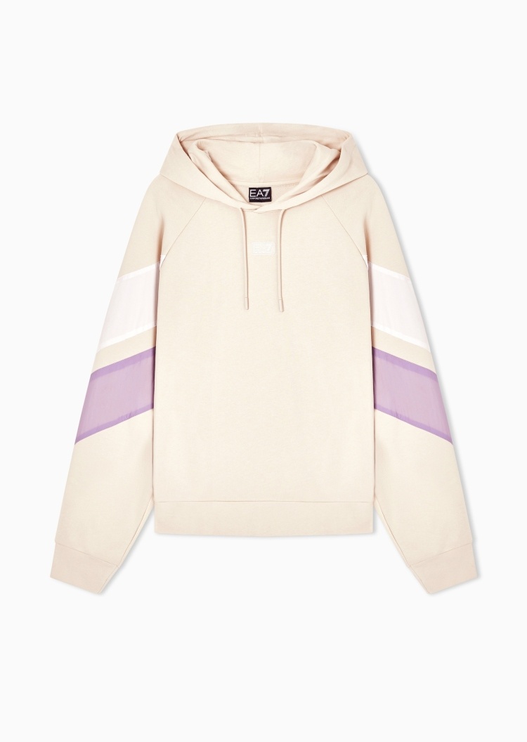 EA7 女士宽松长袖连帽插肩毛圈撞色运动卫衣