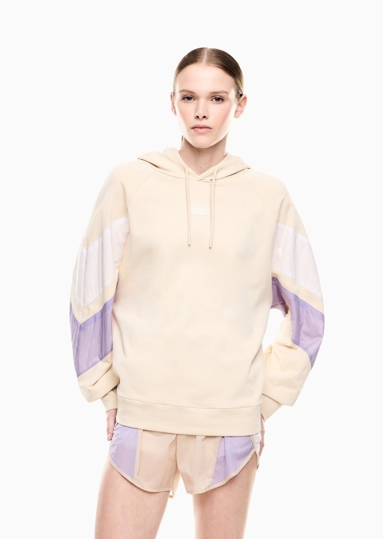 EA7 女士宽松长袖连帽插肩毛圈撞色运动卫衣