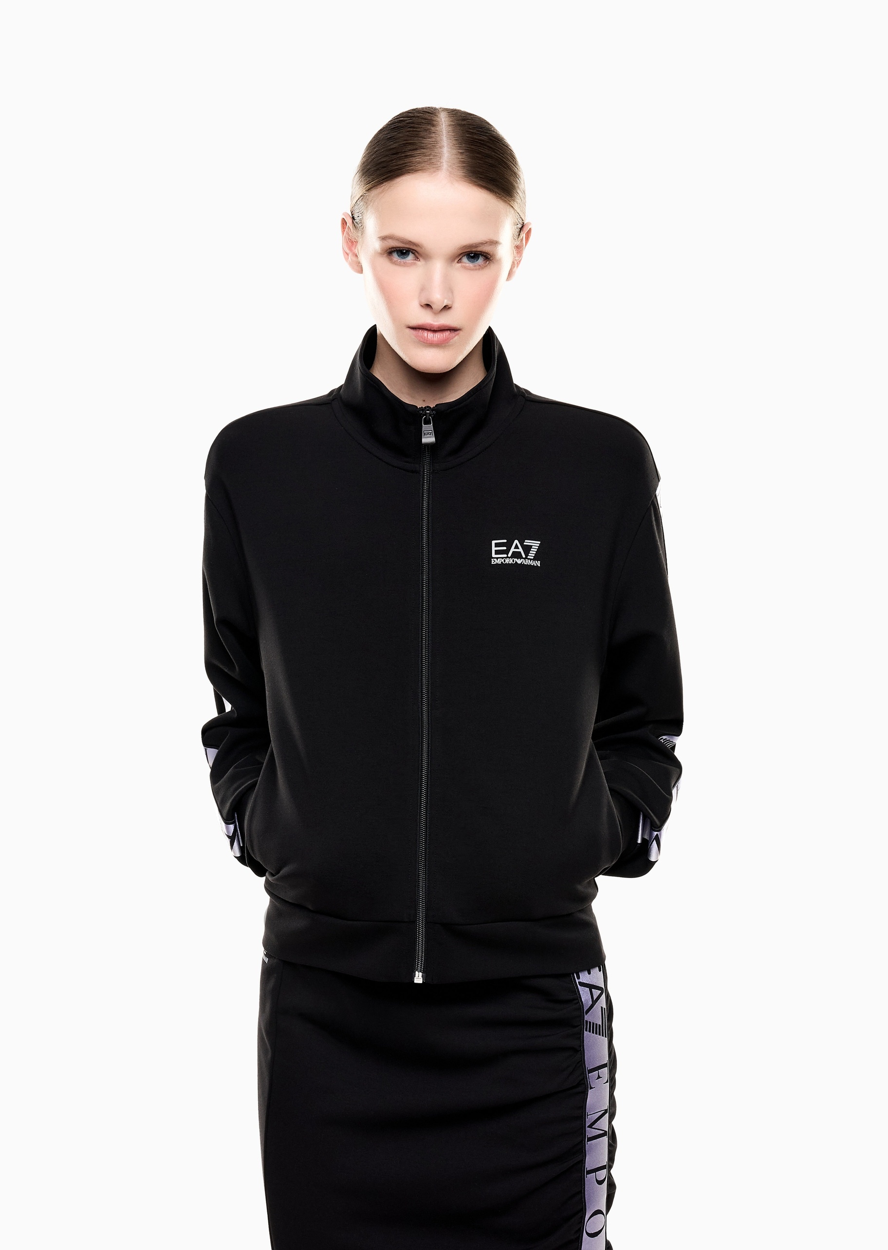 EA7 女士合身长袖立领拉链撞色织带卫衣外套