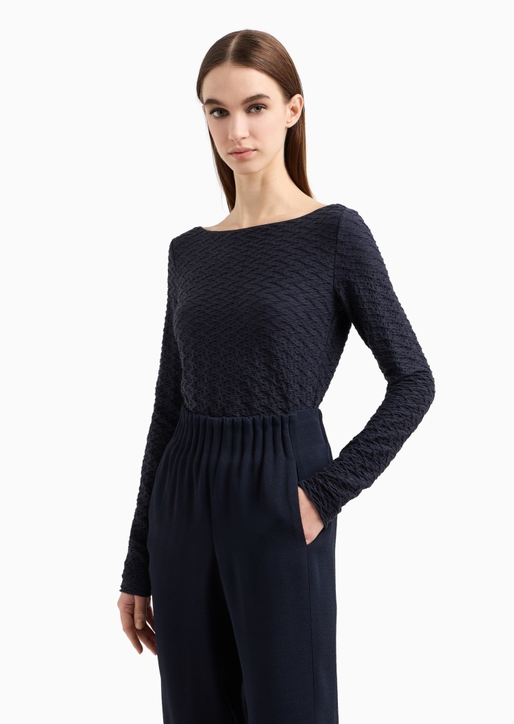 Emporio Armani 女士修身长袖船领通体提花针织衫