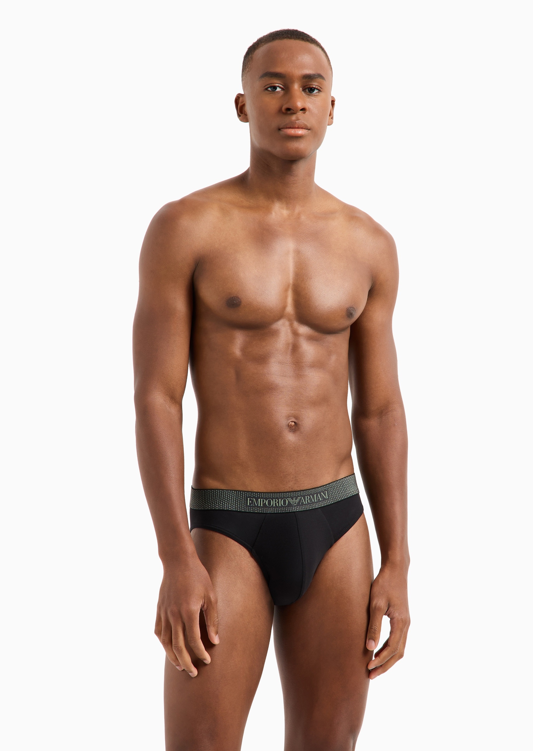 Emporio Armani 男士纯棉弹力合身三角提花饰边内裤