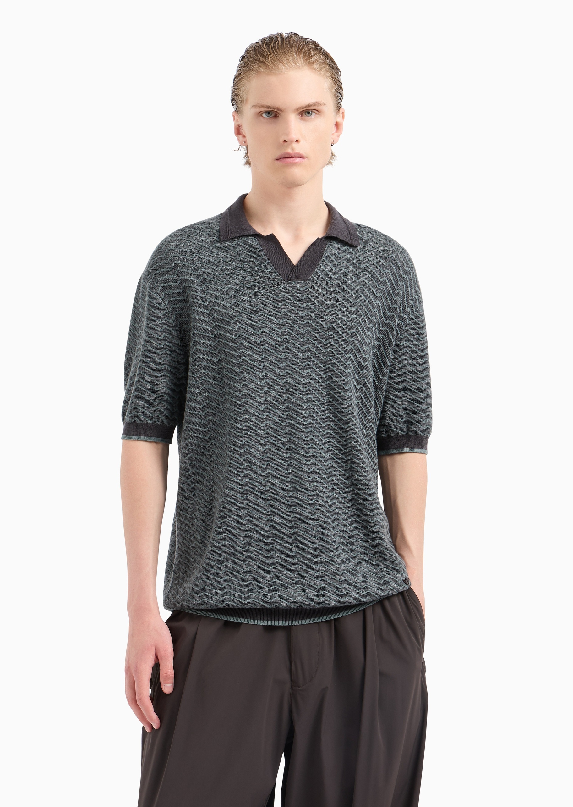 Emporio Armani 男士短袖海鸥领条纹提花针织Polo衫