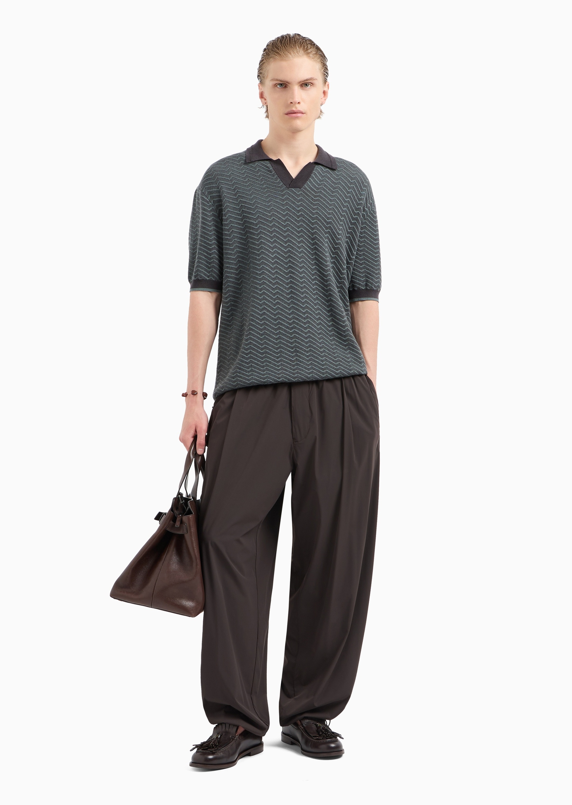 Emporio Armani 男士短袖海鸥领条纹提花针织Polo衫