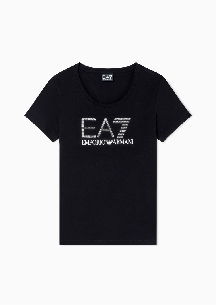 EA7 女士纯棉弹力修身短袖圆领水钻标识轻薄T恤