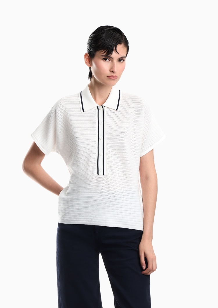 Emporio Armani 女士短袖翻领撞色条纹横纹肌理针织衫