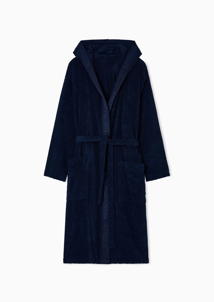 Emporio Armani 男士纯棉长袖连帽系带标识提花饰边浴袍