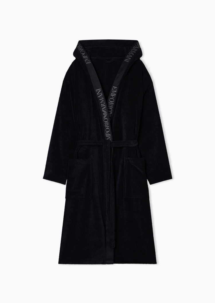 Emporio Armani 男士纯棉长袖连帽系带标识提花饰边浴袍