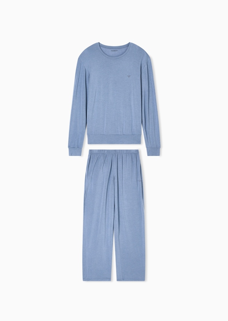 Emporio Armani 男士莱赛尔圆领长袖长裤松驰休闲睡衣套装