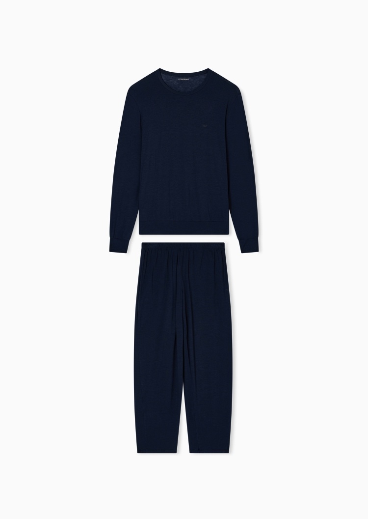 Emporio Armani 男士莱赛尔圆领长袖长裤松驰休闲睡衣套装
