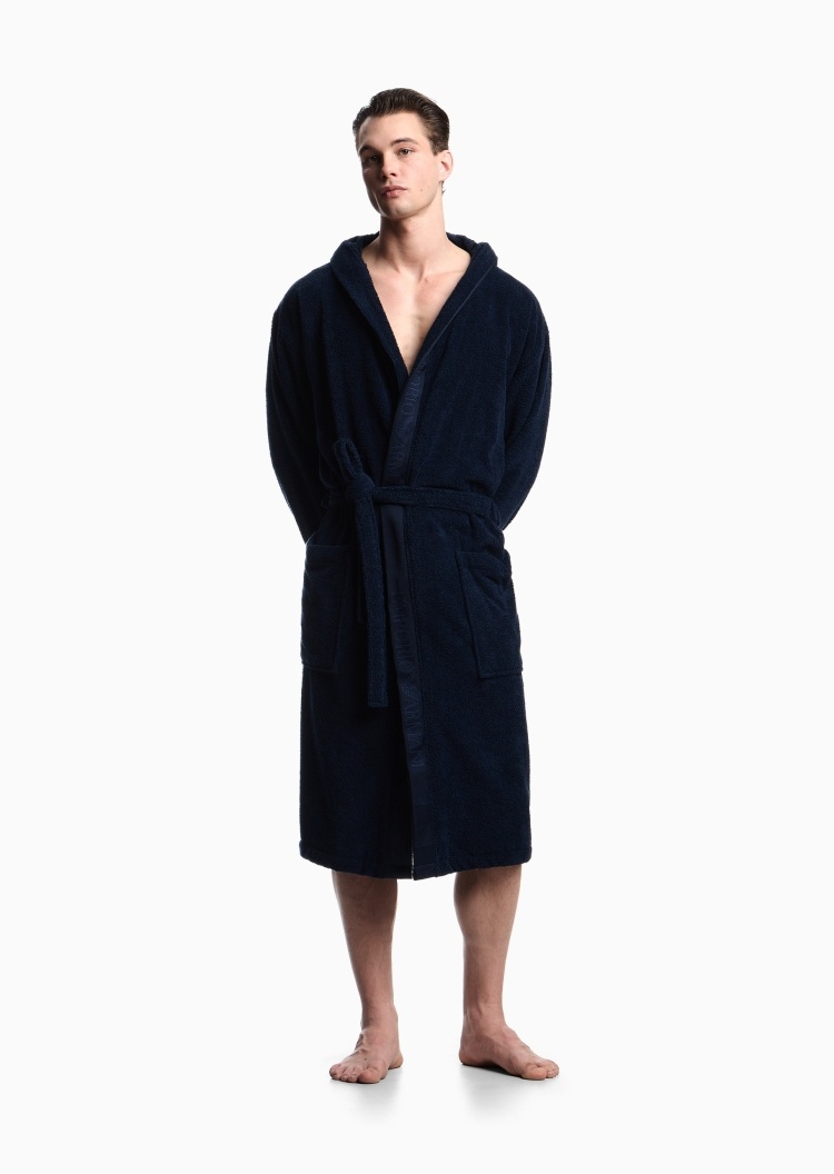 Emporio Armani 男士纯棉长袖连帽系带标识提花饰边浴袍