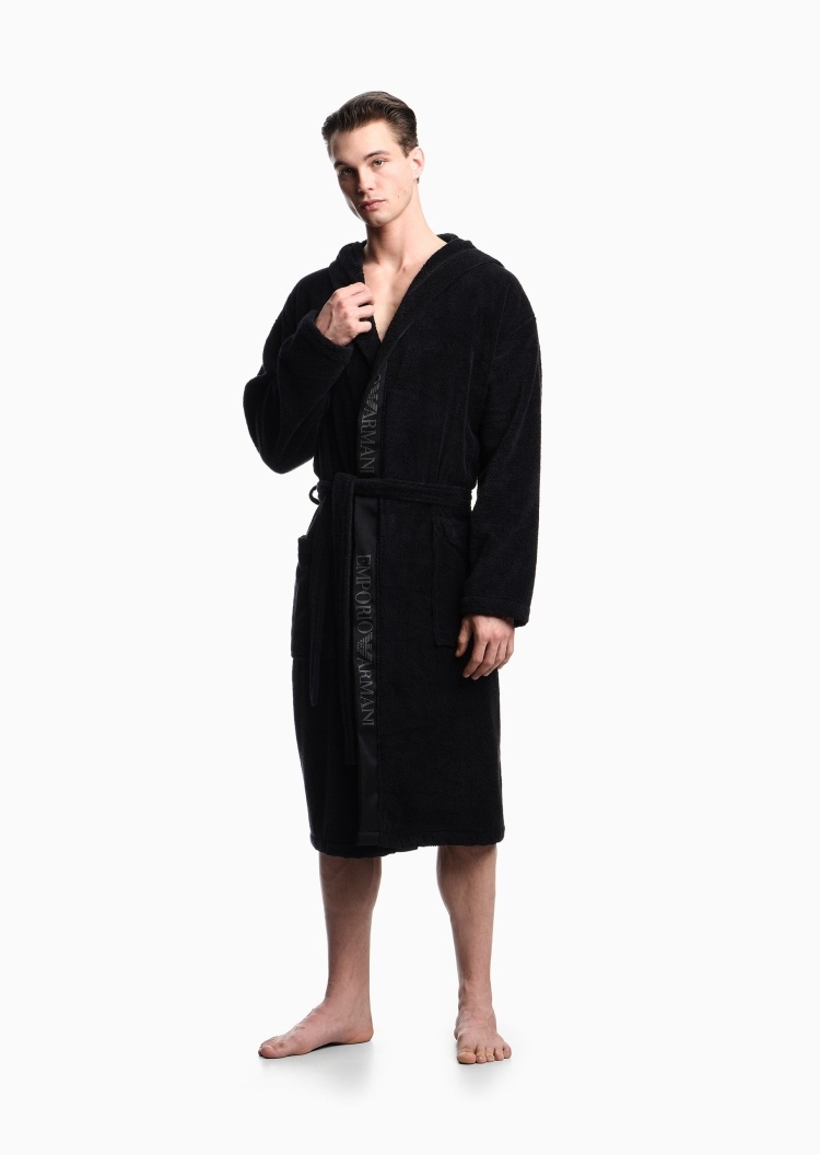 Emporio Armani 男士纯棉长袖连帽系带标识提花饰边浴袍