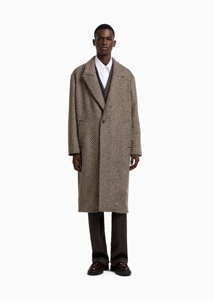 Emporio Armani 男士全绵羊毛长袖翻领商务休闲复古通勤大衣