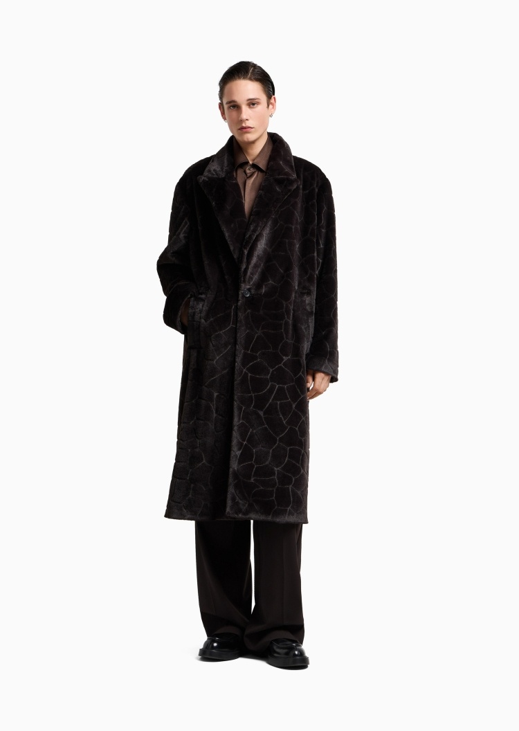 Emporio Armani 男士长袖中长款翻领老钱风肌理感绒感大衣
