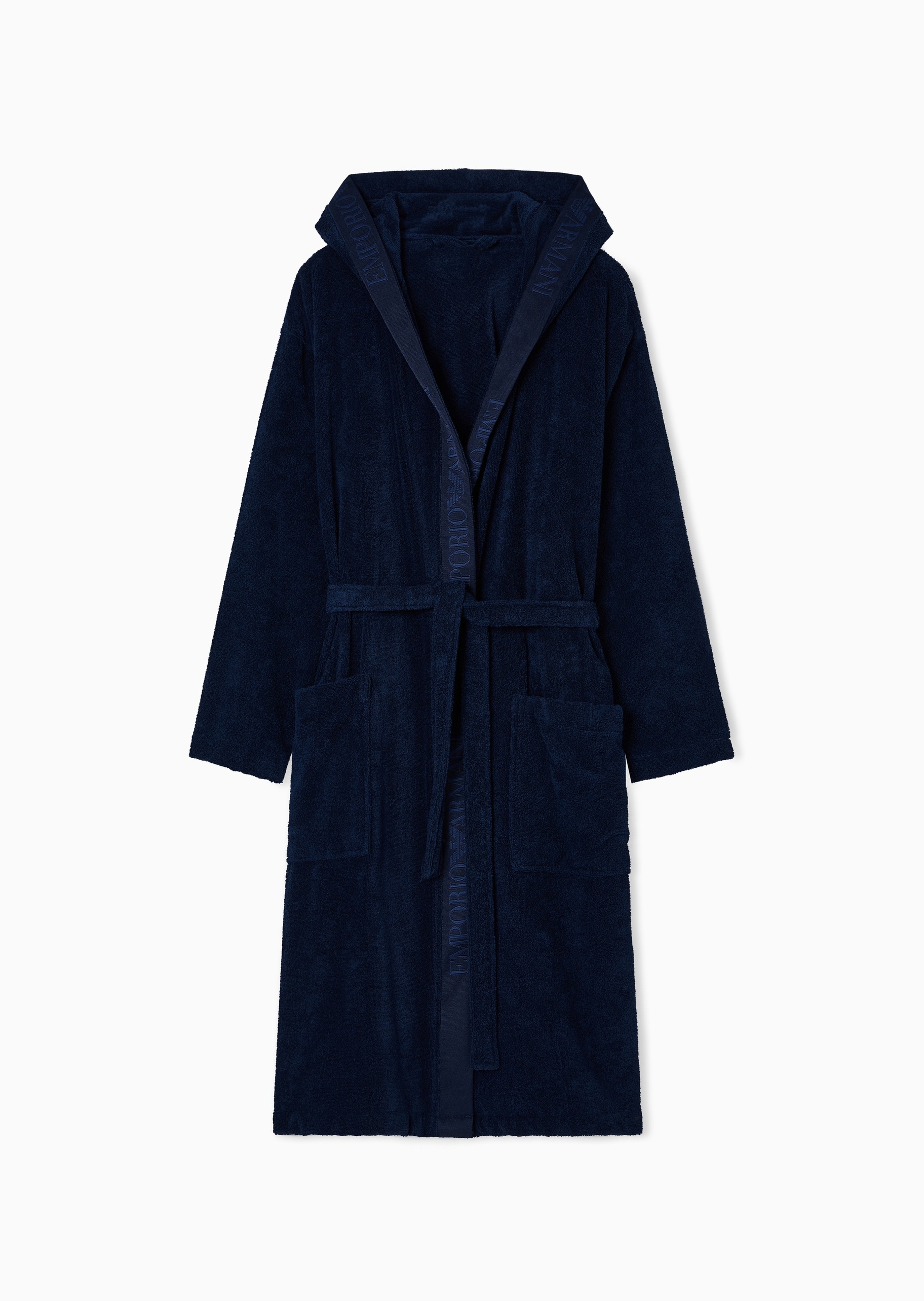 Emporio Armani 男士纯棉长袖连帽系带标识提花饰边浴袍