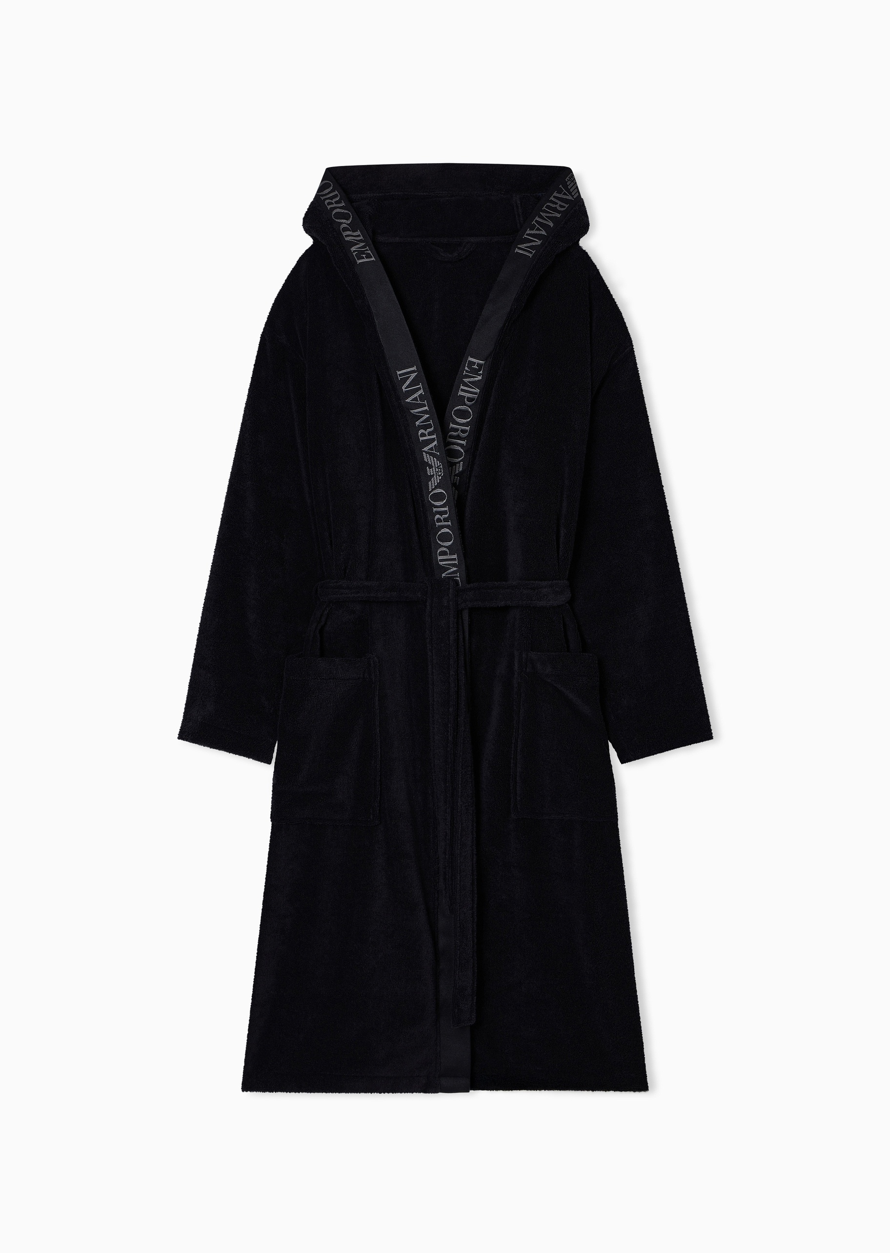 Emporio Armani 男士纯棉长袖连帽系带标识提花饰边浴袍