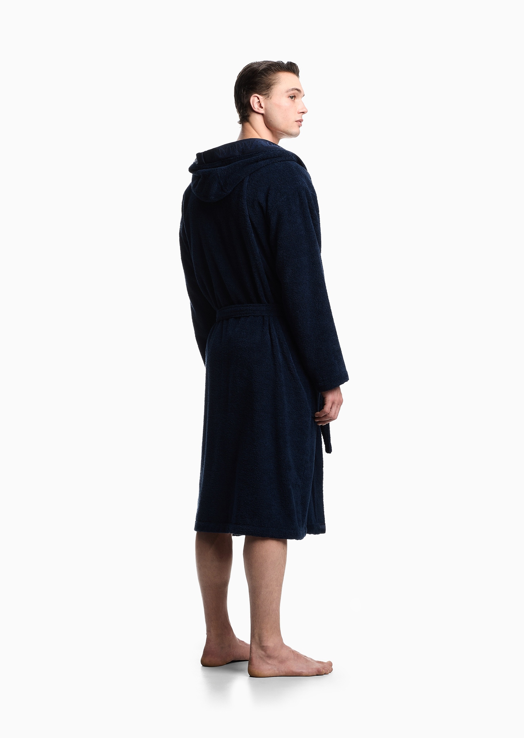 Emporio Armani 男士纯棉长袖连帽系带标识提花饰边浴袍