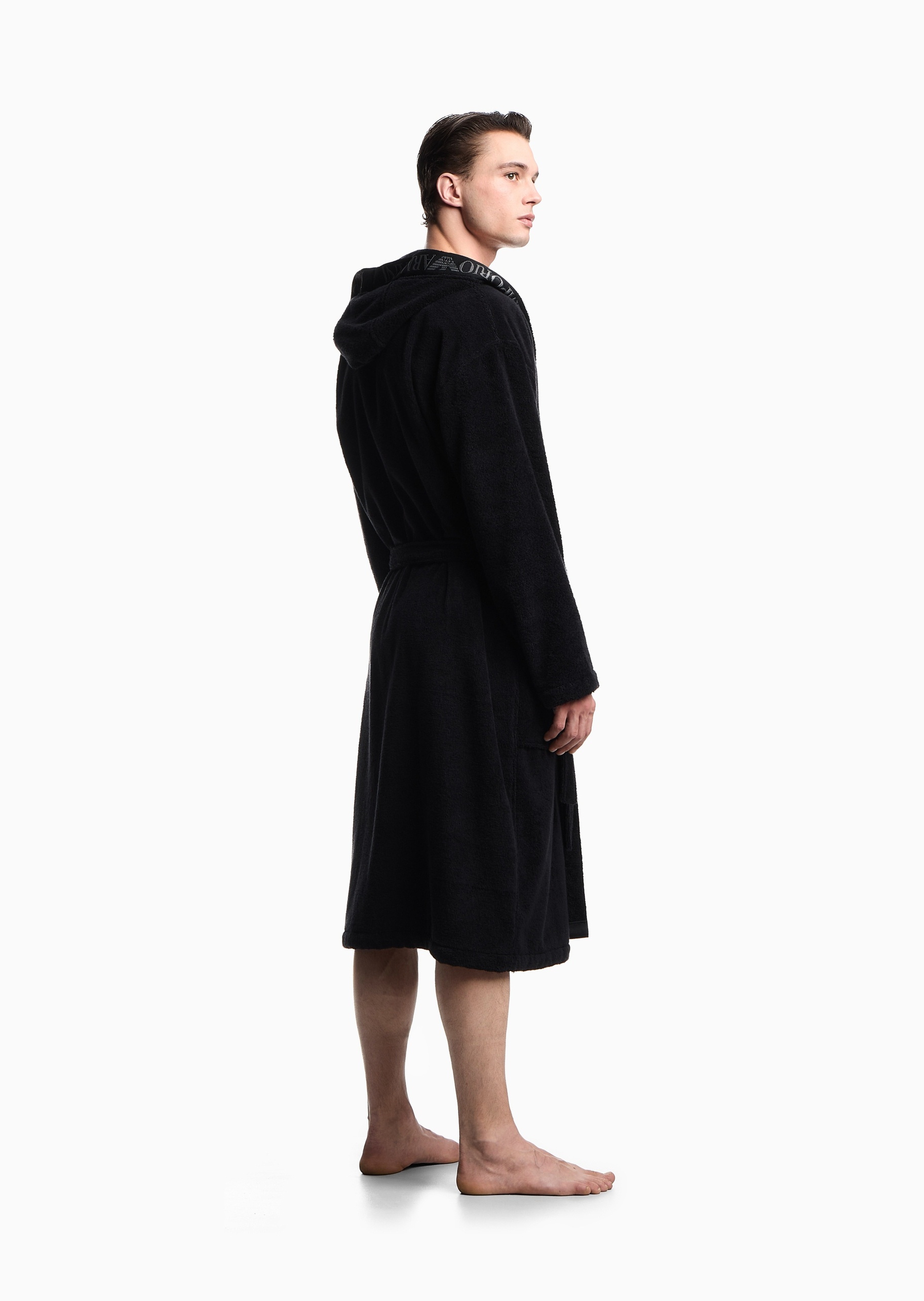 Emporio Armani 男士纯棉长袖连帽系带标识提花饰边浴袍