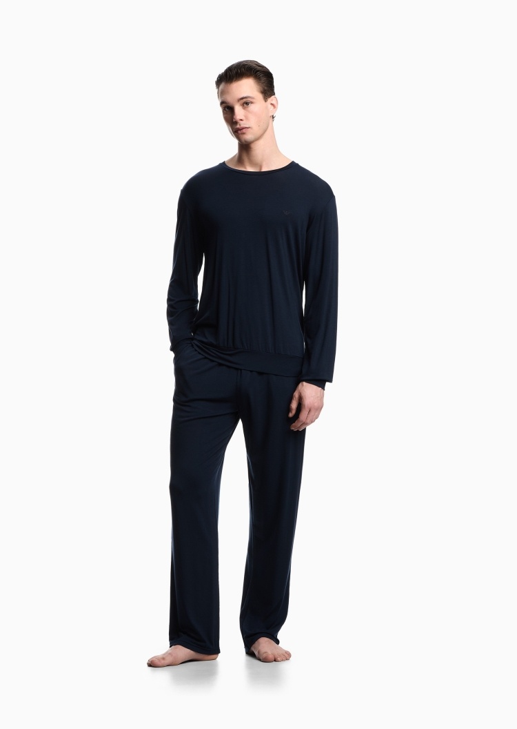 Emporio Armani 男士莱赛尔圆领长袖长裤松驰休闲睡衣套装