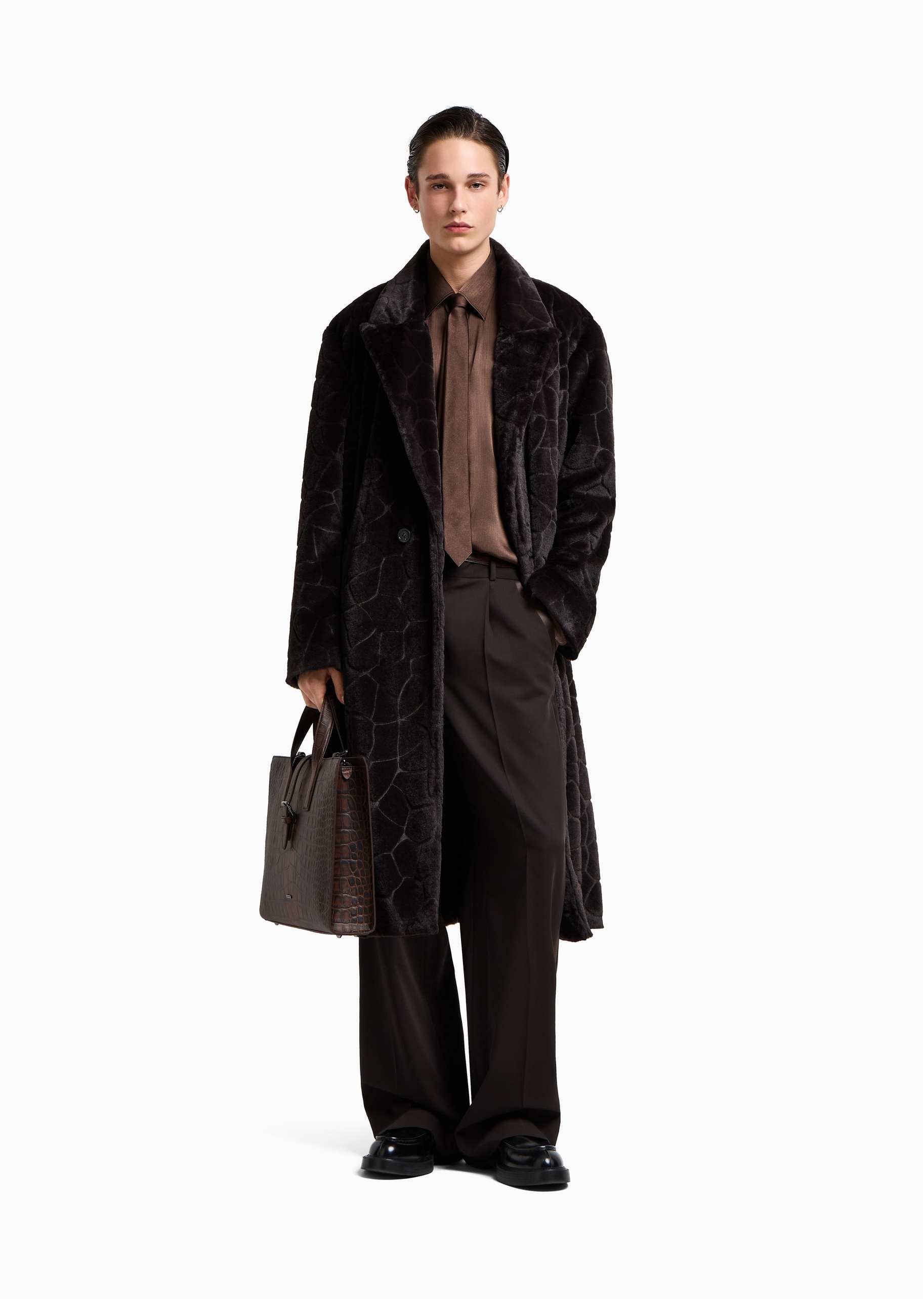 Emporio Armani 男士长袖中长款翻领老钱风肌理感绒感大衣