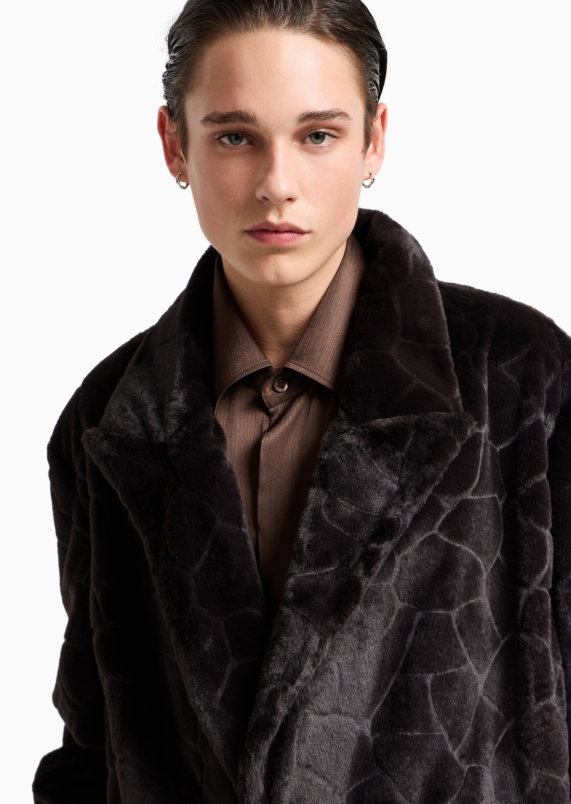 Emporio Armani 男士长袖中长款翻领老钱风肌理感绒感大衣